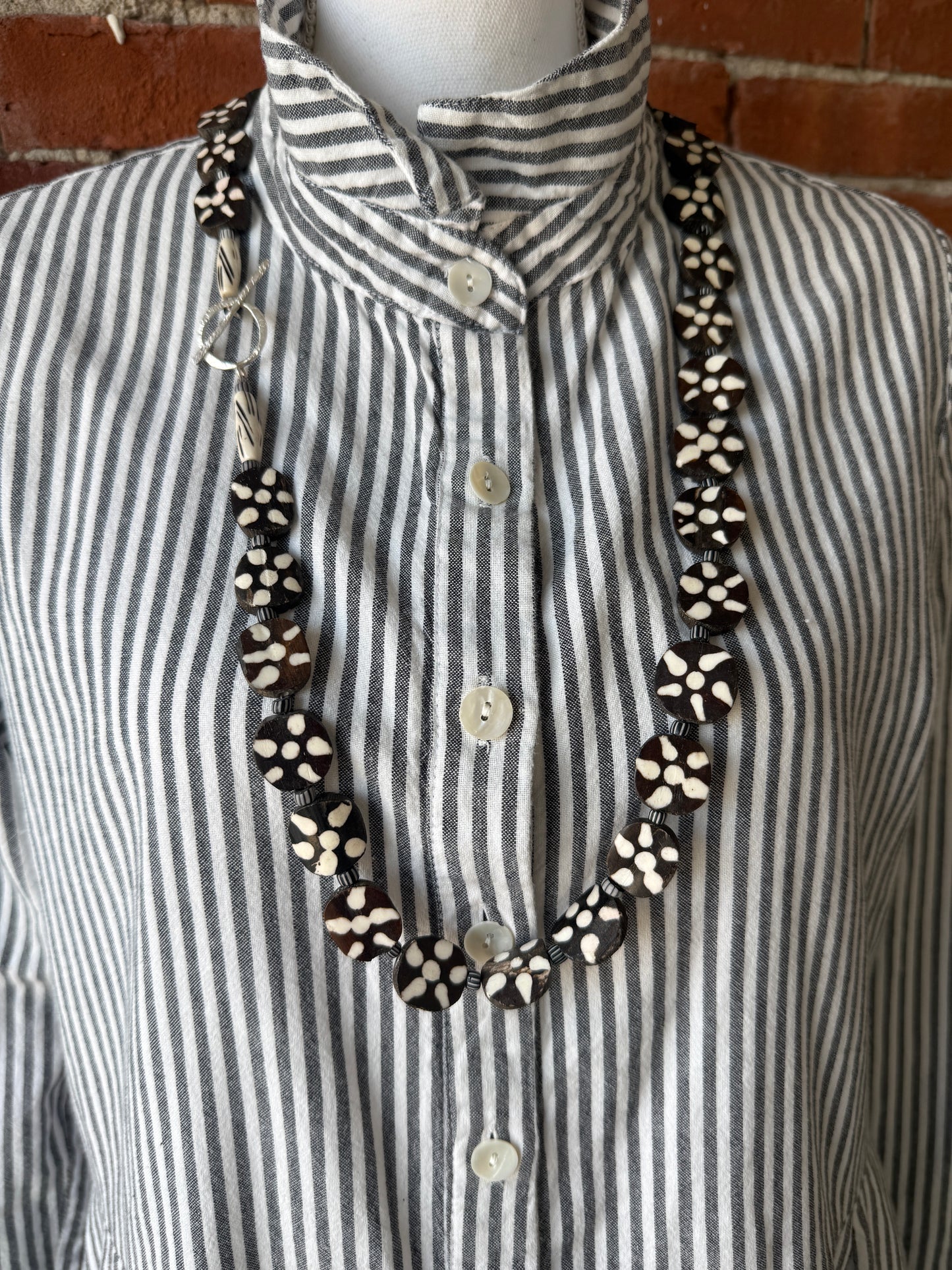 Black and cream African bone beads long necklace with fine silver toggle clasp 36”