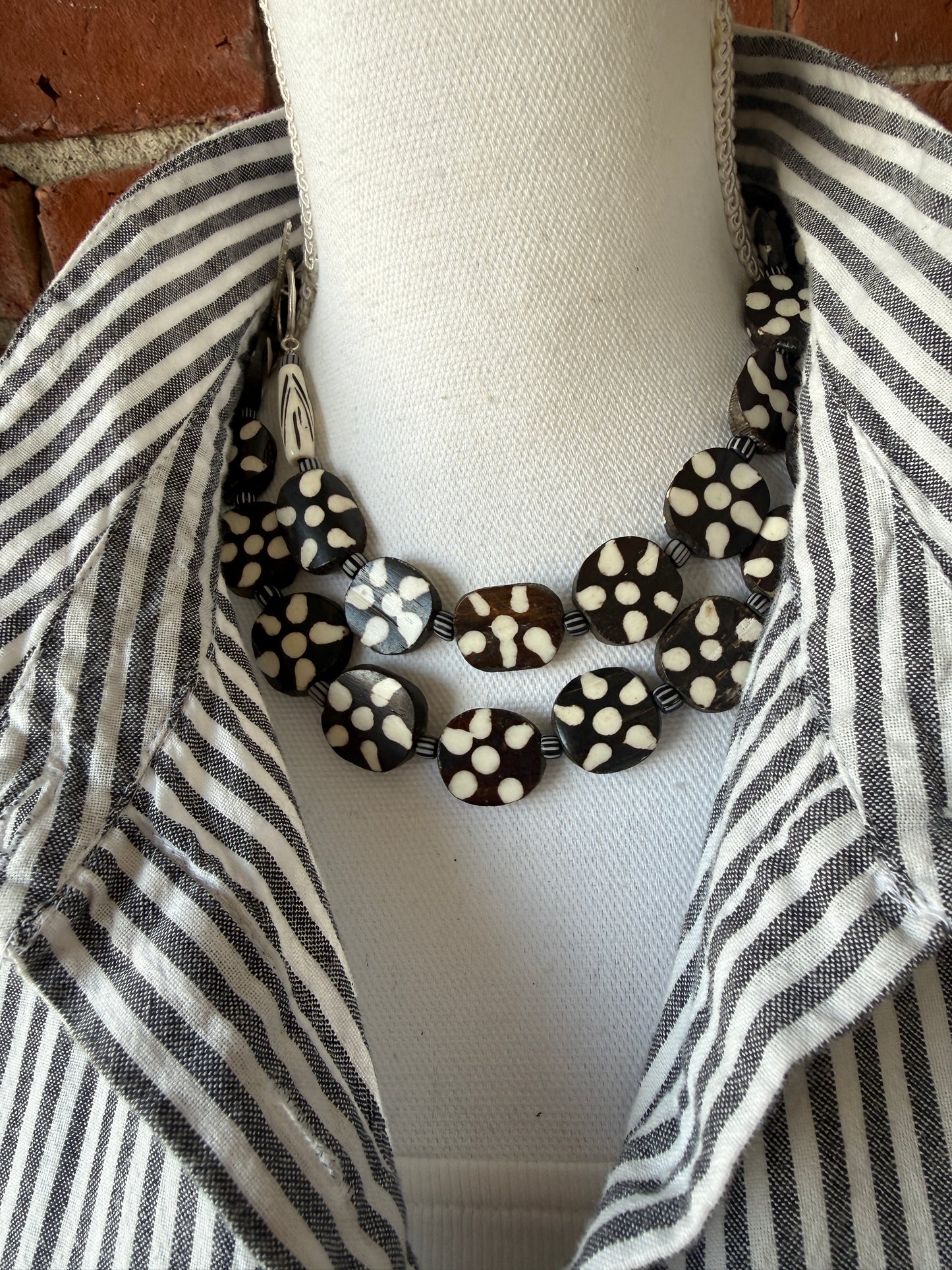 Black and cream African bone beads long necklace with fine silver toggle clasp 36”