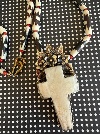 Bone cross with flowers pendant (removable) on African bone beads long necklace. 36”