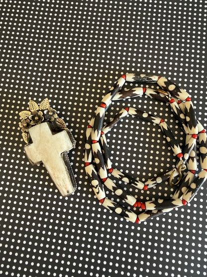 Bone cross with flowers pendant (removable) on African bone beads long necklace. 36”