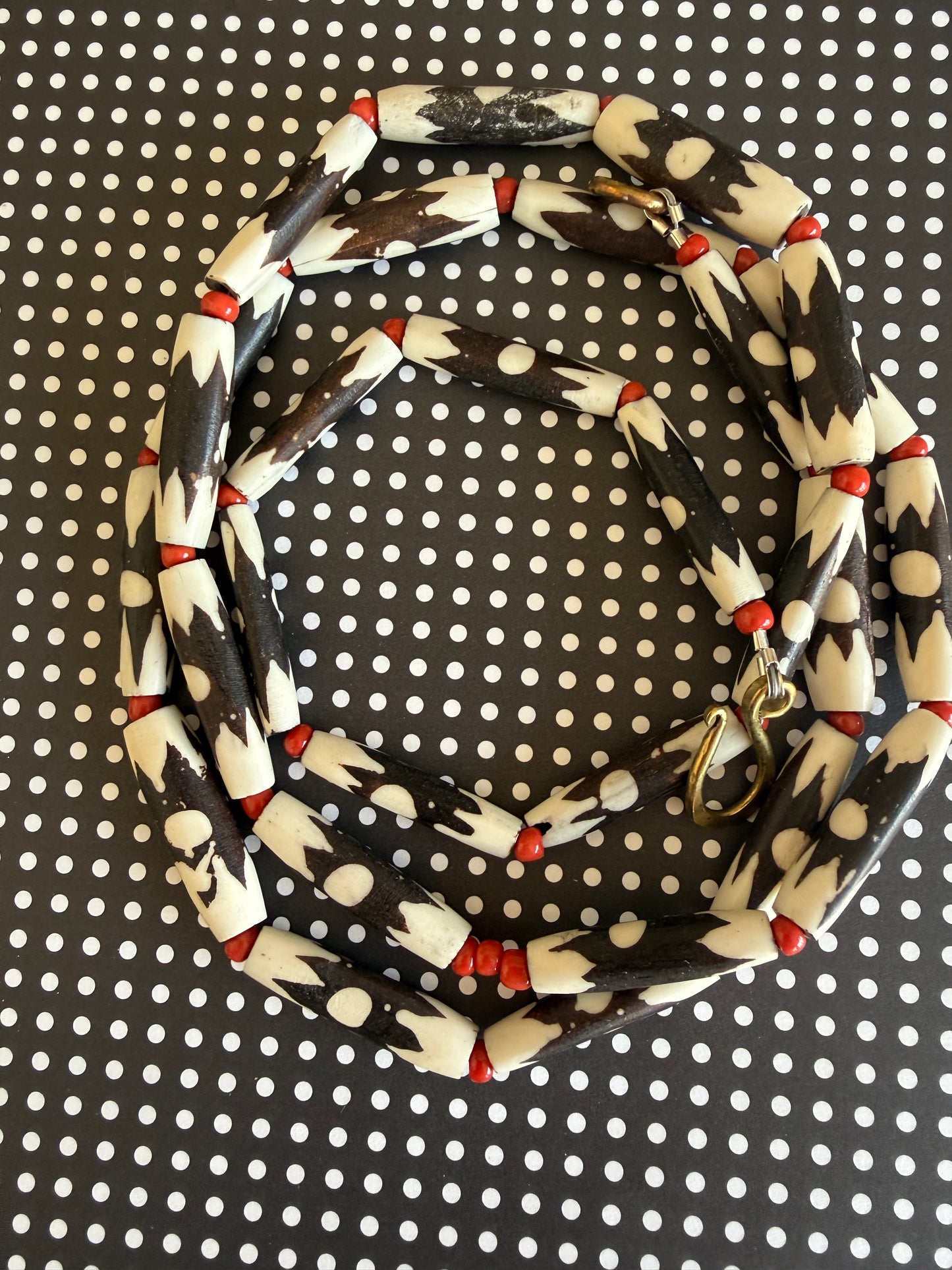 Bone cross with flowers pendant (removable) on African bone beads long necklace. 36”