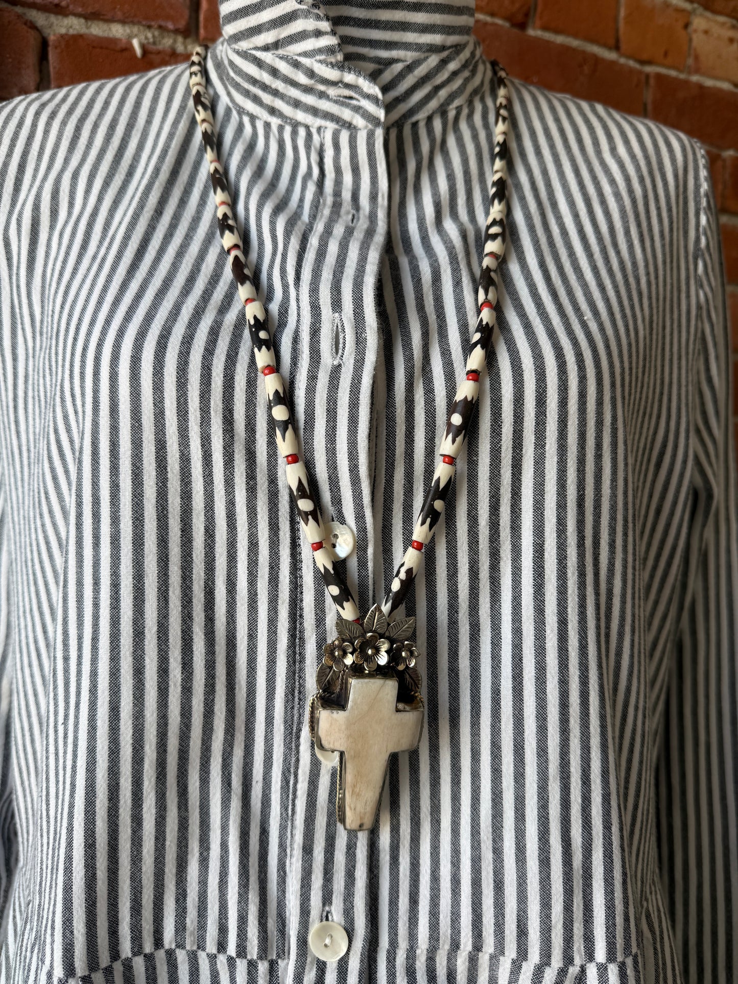 Bone cross with flowers pendant (removable) on African bone beads long necklace. 36”