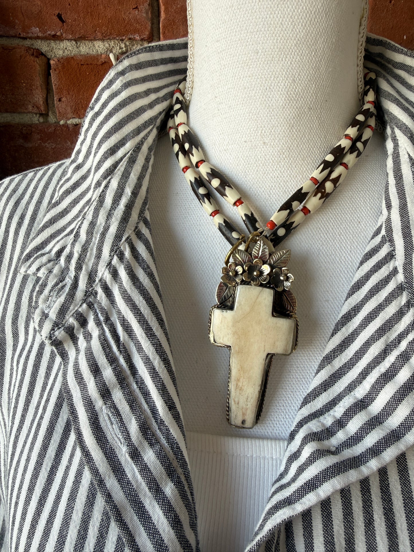 Bone cross with flowers pendant (removable) on African bone beads long necklace. 36”