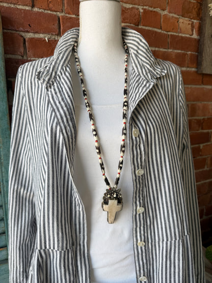 Bone cross with flowers pendant (removable) on African bone beads long necklace. 36”