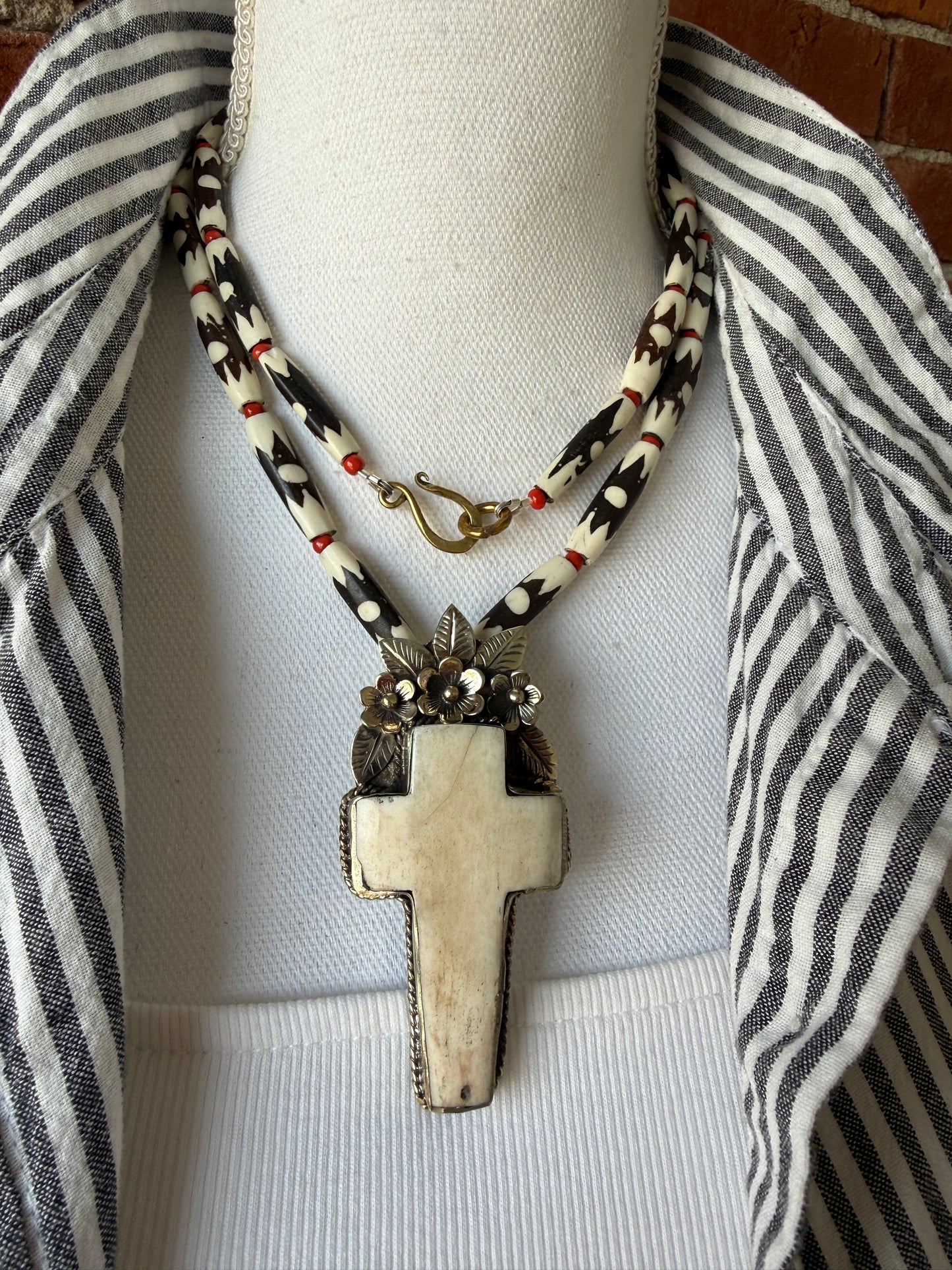 Bone cross with flowers pendant (removable) on African bone beads long necklace. 36”
