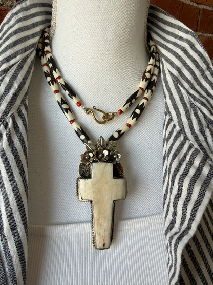 Bone cross with flowers pendant (removable) on African bone beads long necklace. 36”