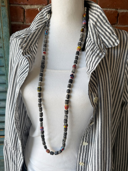 Midnight bone beads with African chevron beads extra long adjustable necklace on leather. 58”