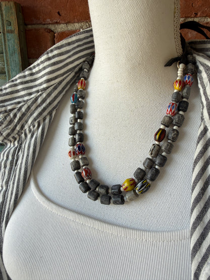 Midnight bone beads with African chevron beads extra long adjustable necklace on leather. 58”