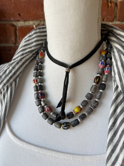 Midnight bone beads with African chevron beads extra long adjustable necklace on leather. 58”