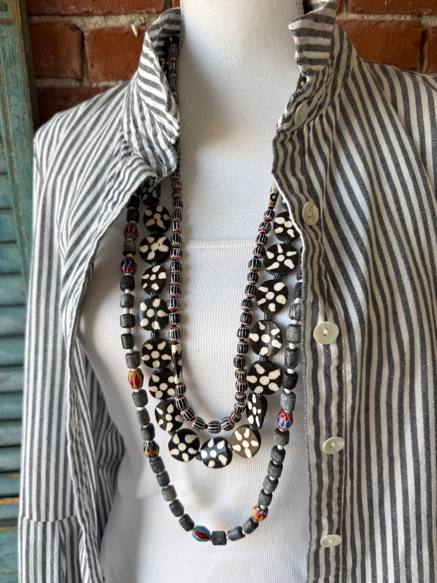 Midnight bone beads with African chevron beads extra long adjustable necklace on leather. 58”
