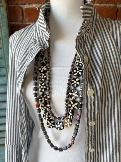 Midnight bone beads with African chevron beads extra long adjustable necklace on leather. 58”