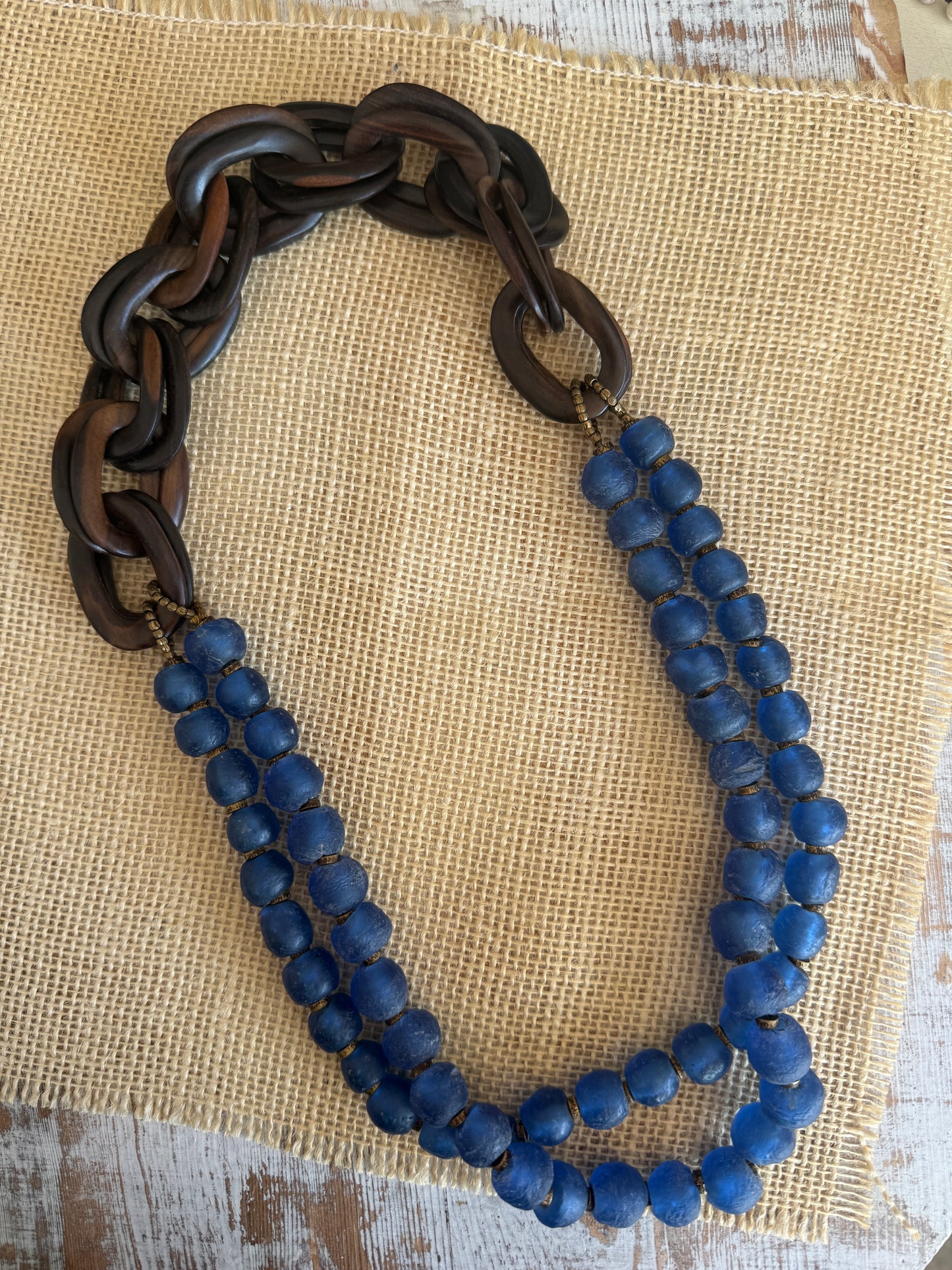 Blue Krobo glass beads with wood chain necklace.