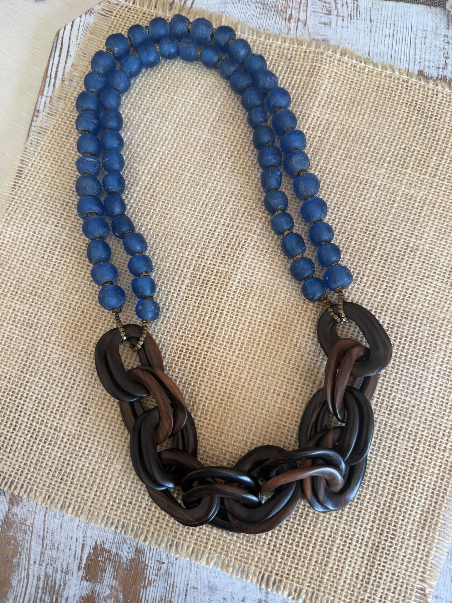 Blue Krobo glass beads with wood chain necklace.