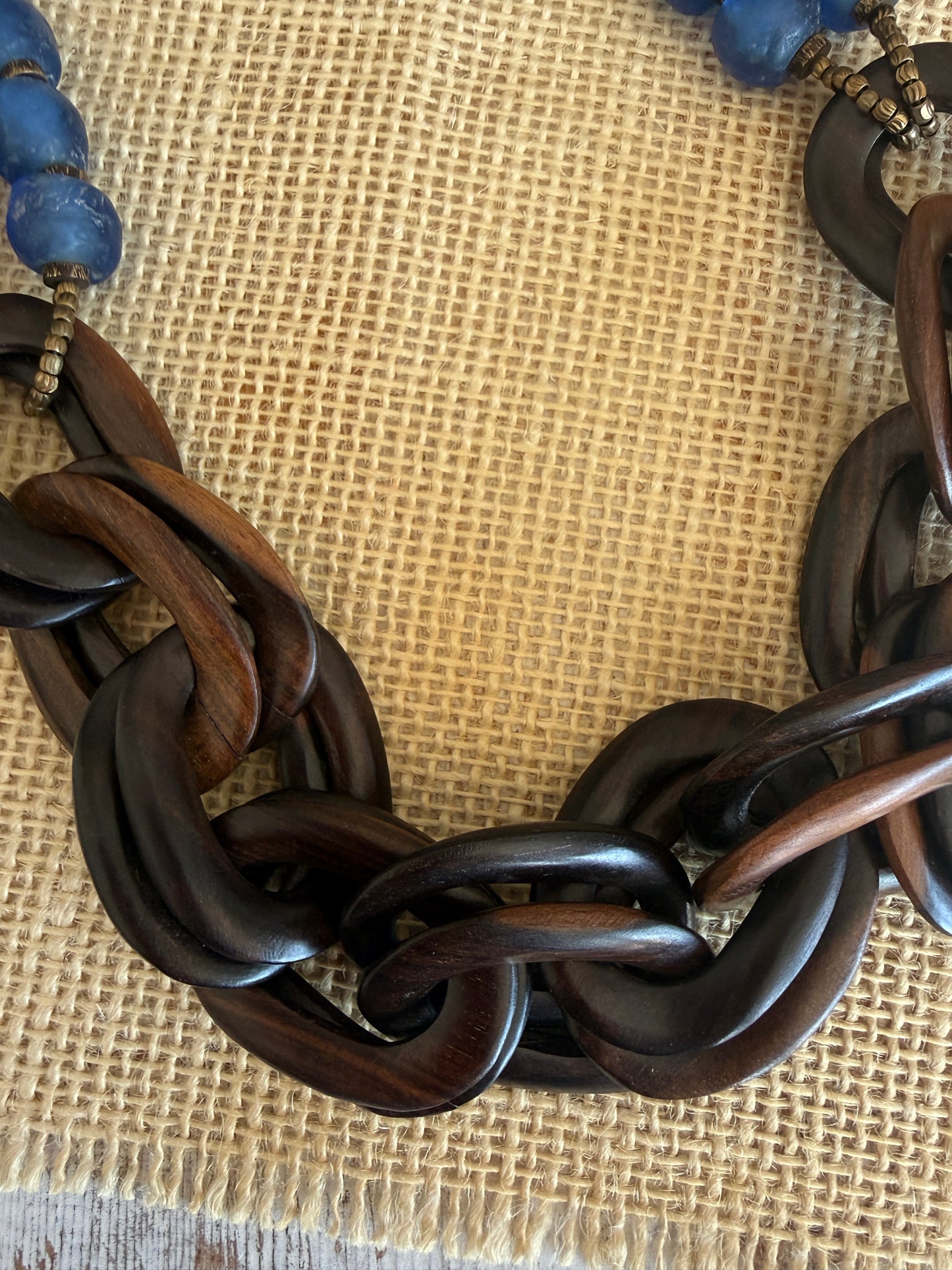 Blue Krobo glass beads with wood chain necklace.
