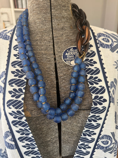 Blue Krobo glass beads with wood chain necklace.