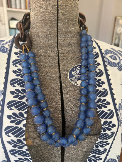 Blue Krobo glass beads with wood chain necklace.