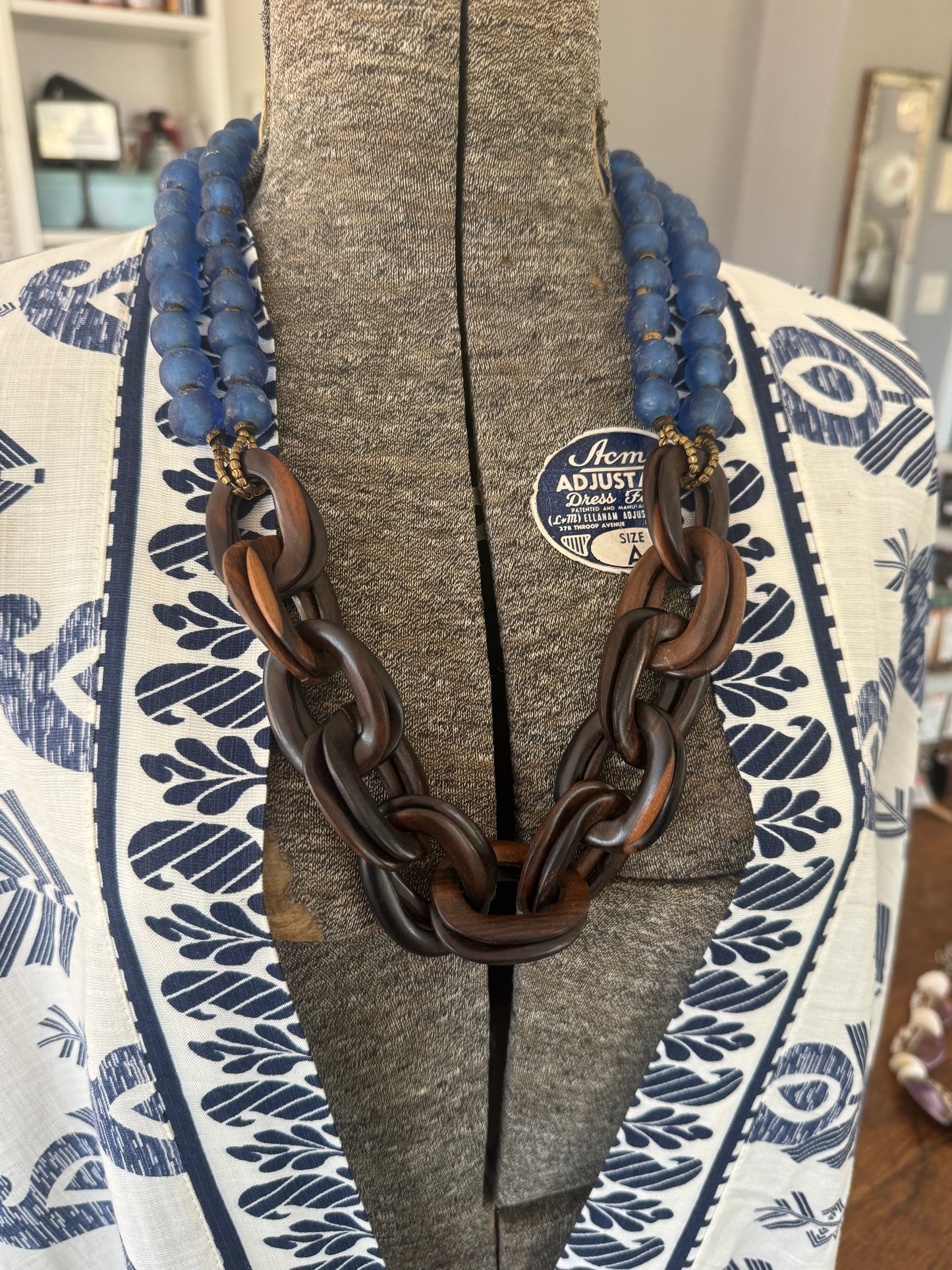 Blue Krobo glass beads with wood chain necklace.