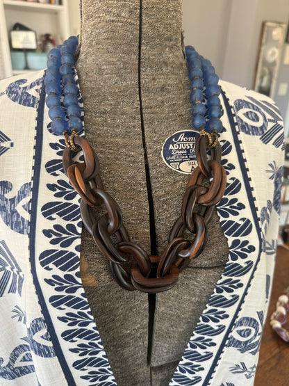 Blue Krobo glass beads with wood chain necklace.