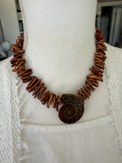 Brown stick pearls with smoky quartz and natural ammonite pendant necklace.