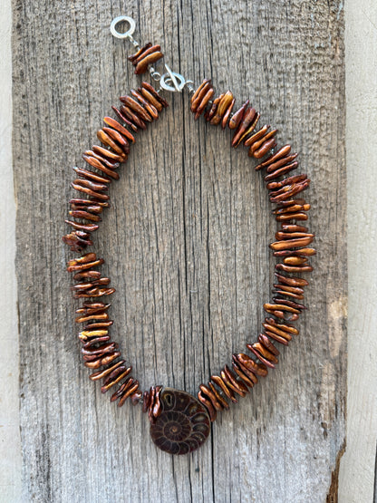 Brown stick pearls with smoky quartz and natural ammonite pendant necklace.