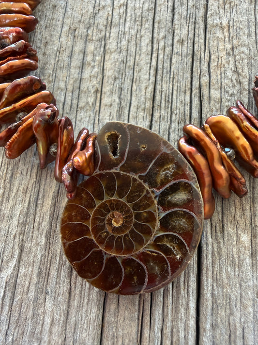Brown stick pearls with smoky quartz and natural ammonite pendant necklace.