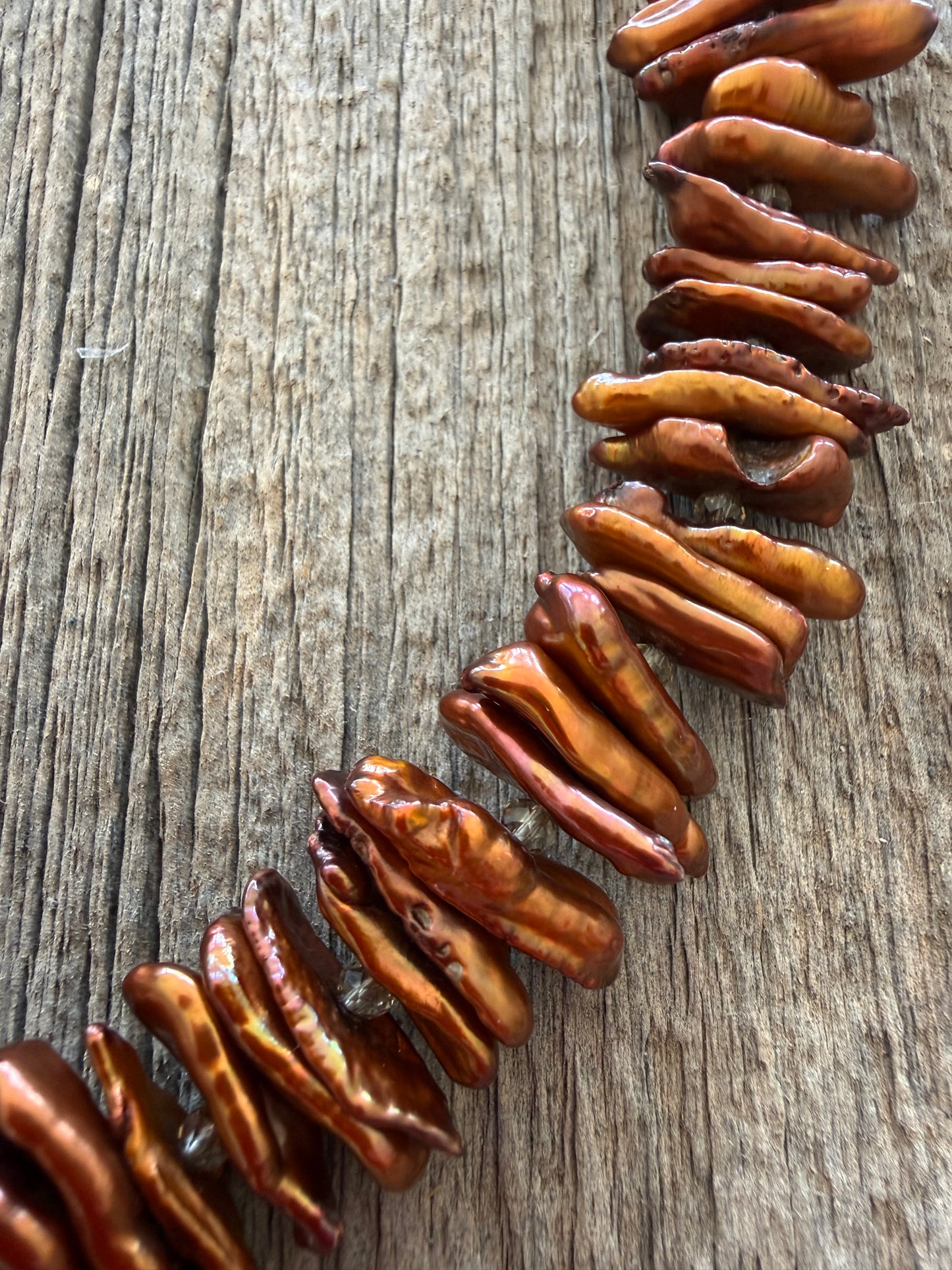 Brown stick pearls with smoky quartz and natural ammonite pendant necklace.