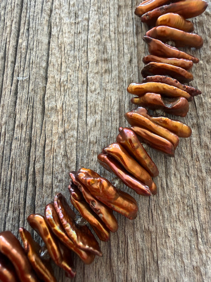 Brown stick pearls with smoky quartz and natural ammonite pendant necklace.