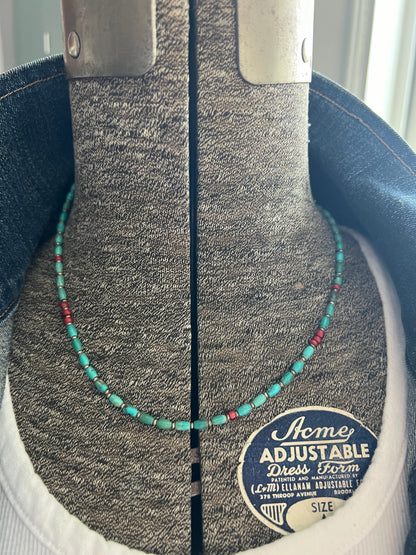 Delicate turquoise and white heart (red) trade beads necklace. 17-18.5”.