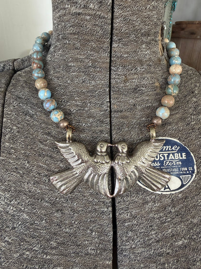Love birds (Tibetan) on sea sediment Jasper short necklace.