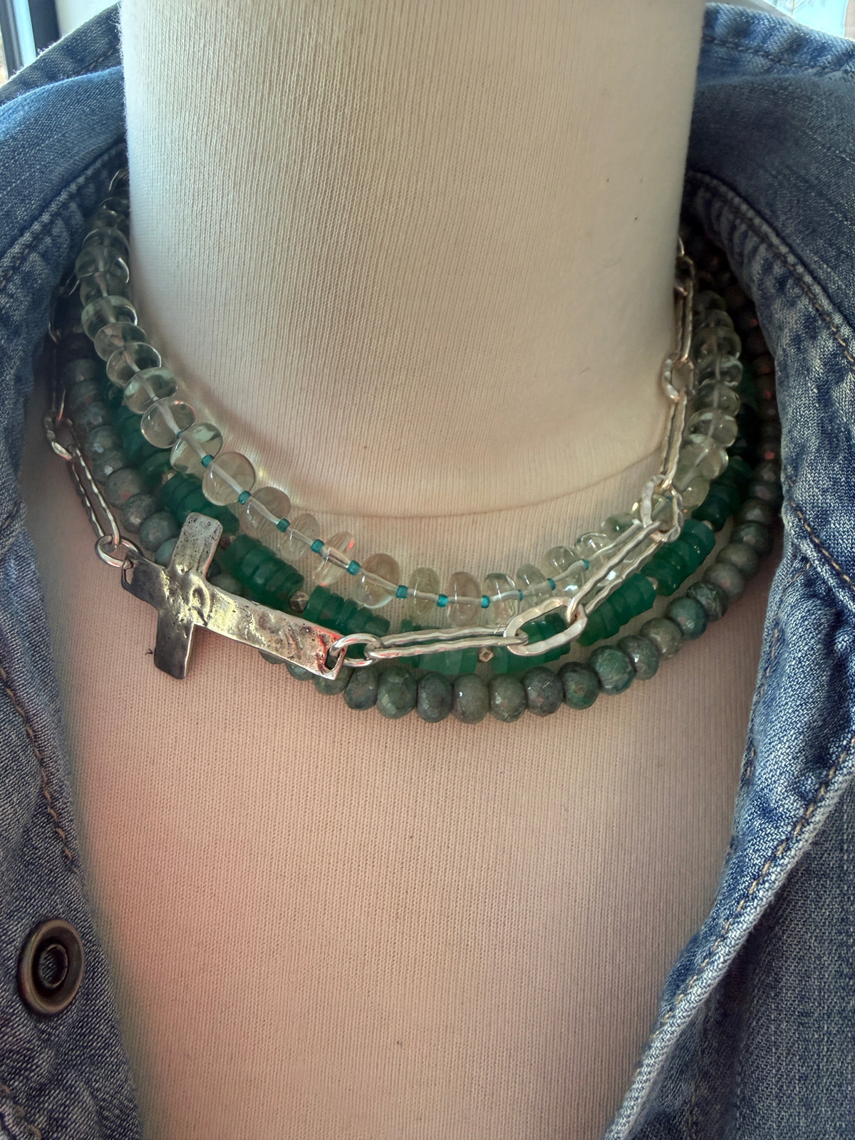Aqua crystal and glass layering necklace. 16.5”