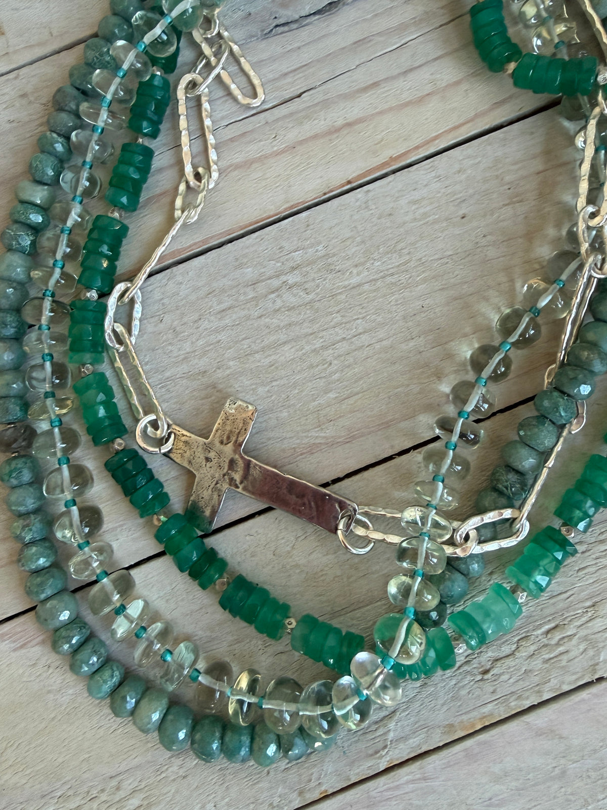 Hammered sterling cross on hammered fine silver paperclip chain short necklace. 17”.