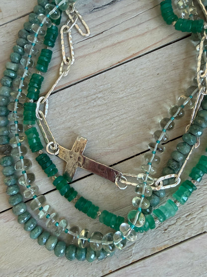 Hammered sterling cross on hammered fine silver paperclip chain short necklace. 17”.