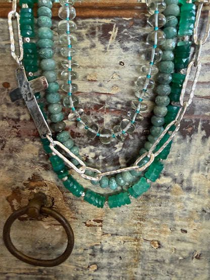Aqua crystal and glass layering necklace. 16.5”
