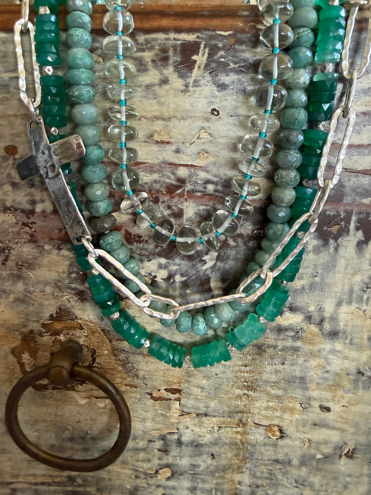 Hammered sterling cross on hammered fine silver paperclip chain short necklace. 17”.
