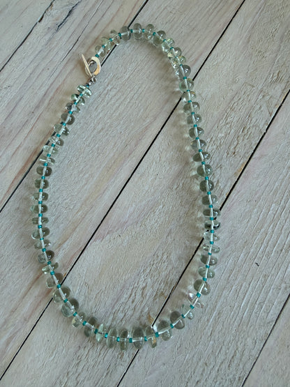 Aqua crystal and glass layering necklace. 16.5”