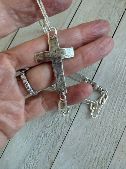 Hammered sterling cross on hammered fine silver paperclip chain short necklace. 17”.