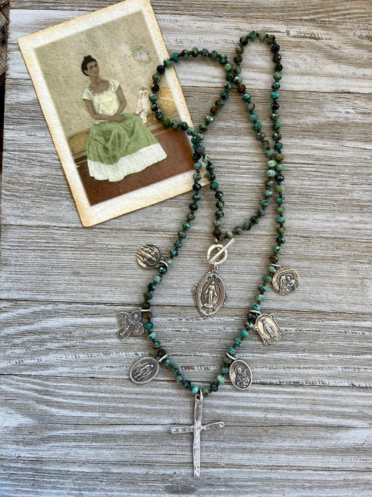 Turquoise and sterling religious medals necklace