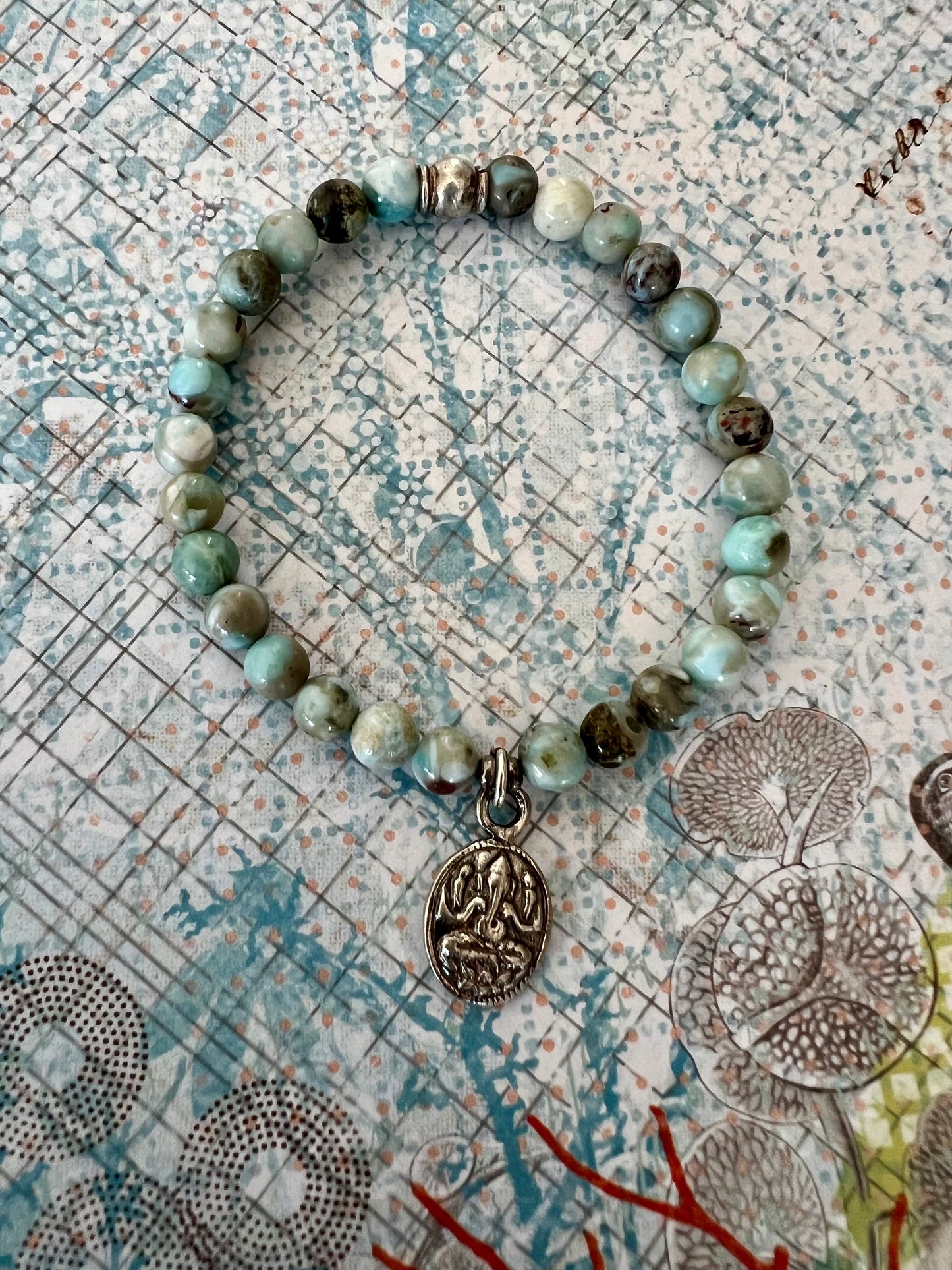 Larimar stacker bracelet with sterling silver Ganesha Hindu Elephant charm