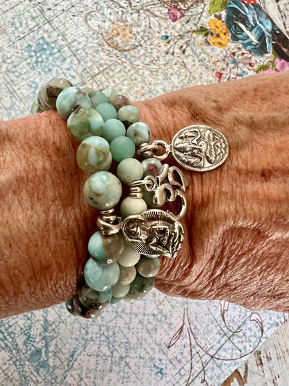 Larimar stacker bracelet with sterling silver Ganesha Hindu Elephant charm