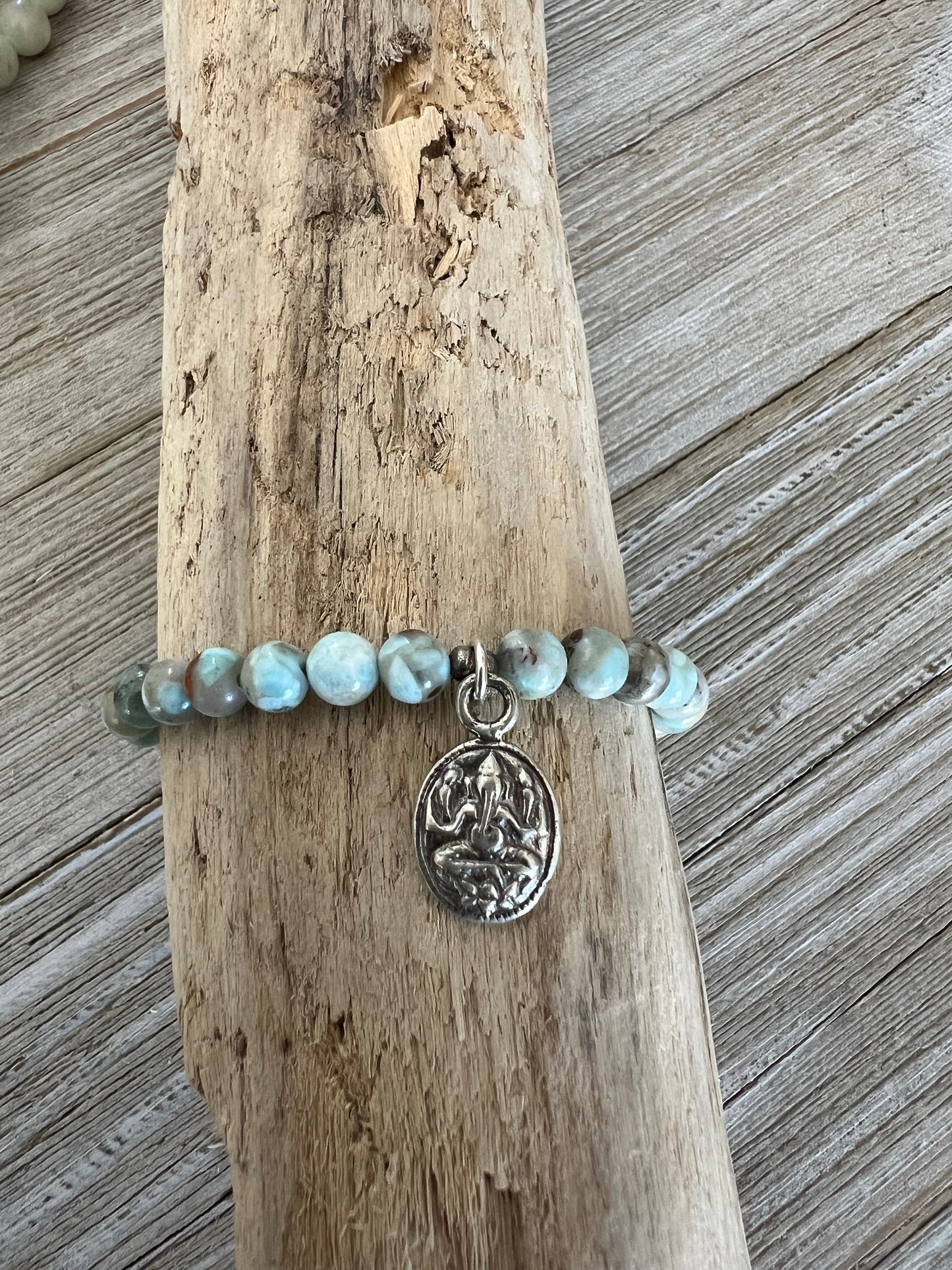 Larimar stacker bracelet with sterling silver Ganesha Hindu Elephant charm