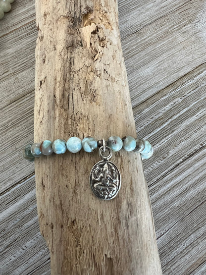 Larimar stacker bracelet with sterling silver Ganesha Hindu Elephant charm