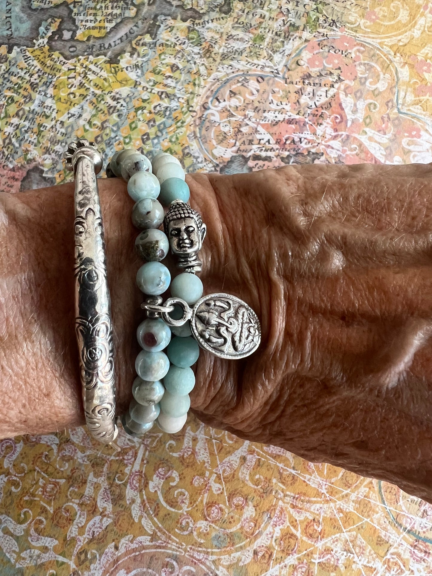 Larimar stacker bracelet with sterling silver Ganesha Hindu Elephant charm