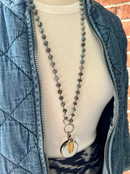 Extra large sterling and glass locket on faceted Amazonite wired chain. Locket opens. Great Mother’s Day gift.