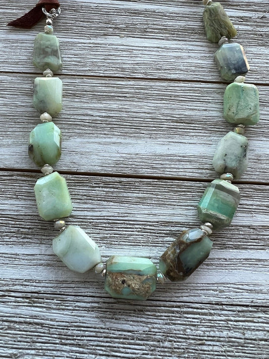 Green Peruvian opal necklace with adjustable brown deerskin