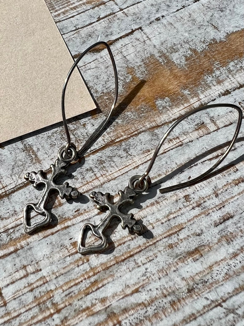 Sterling silver hand cast cross with heart earrings on sterling ear wires. Valentine’s gift, anniversary gift, bridesmaid gift .