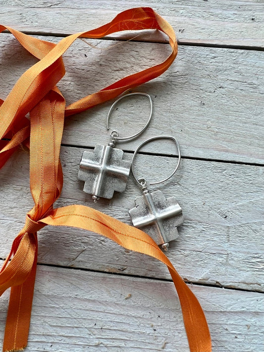 Fine silver square earrings on fine silver ear wires. 2” long.