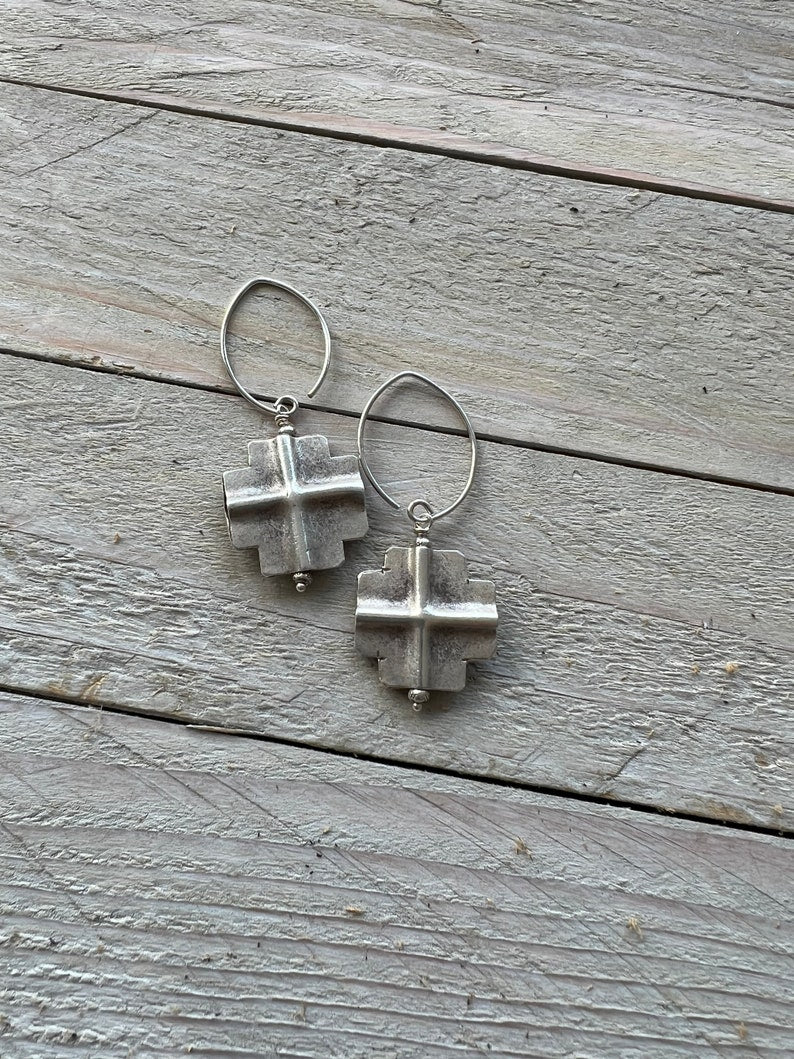 Fine silver square earrings on fine silver ear wires. 2” long.