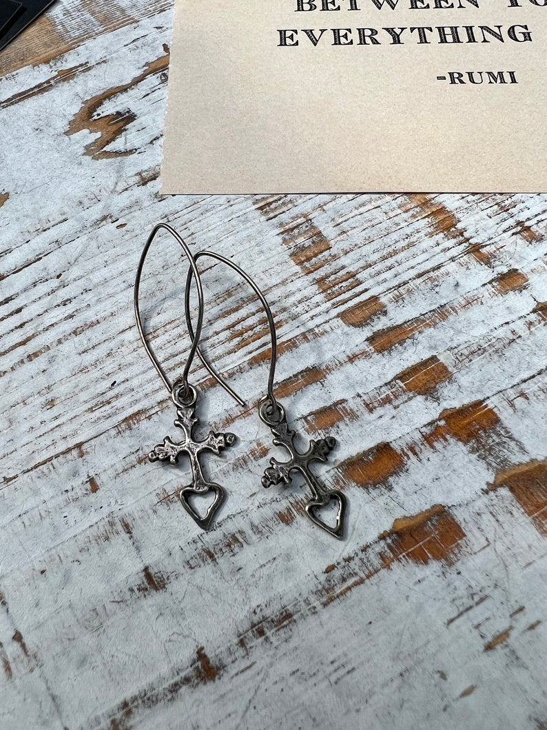 Sterling silver hand cast cross with heart earrings on sterling ear wires. Valentine’s gift, anniversary gift, bridesmaid gift .