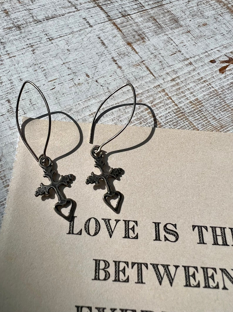 Sterling silver hand cast cross with heart earrings on sterling ear wires. Valentine’s gift, anniversary gift, bridesmaid gift .