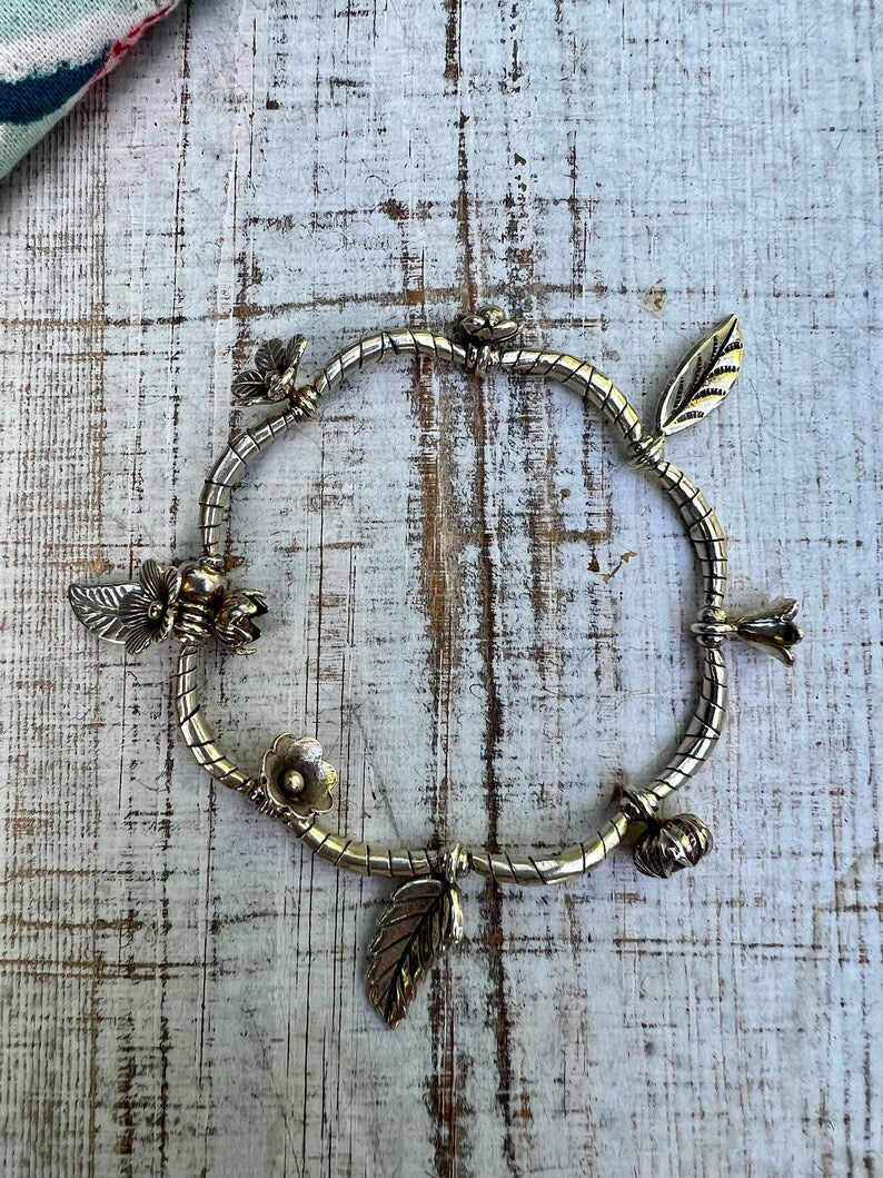 Fine silver garden flowers stretch bracelet for gardeners, nature lovers, and flower lovers. OOAK. Non tarnish 98%+ silver.